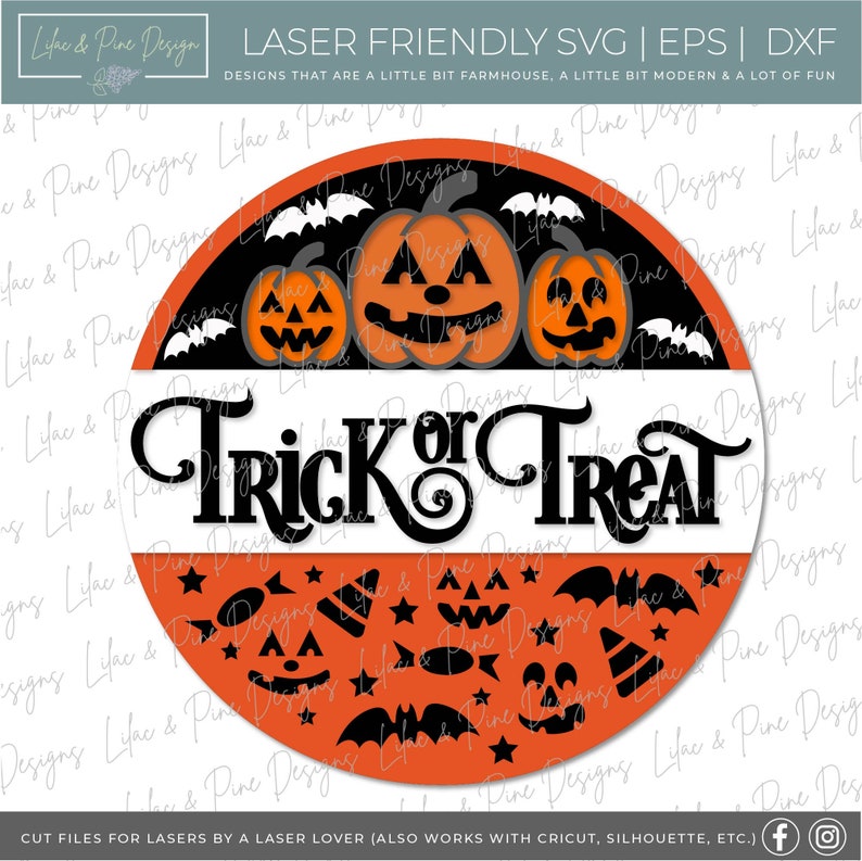 K&ouml;nnte beinhalten: Ein rundes orange-wei&szlig;es Schild mit dem Text "Trick or Treat" in Schwarz. Das Schild ist mit schwarzen Flederm&auml;usen, Sternen und K&uuml;rbissen mit Jack-o'-Lantern-Gesichtern verziert.