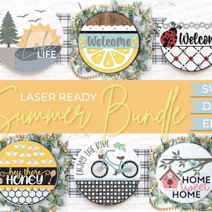 Pacchetto di cartelli di benvenuto per l'estate, pacchetto di SVG per appendini da porta, SVG per lago, SVG per limone, SVG per bicicletta, SVG per miele, SVG per coccinella, file Glowforge, file tagliati al laser