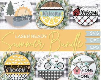 Summer welcome sign bundle, door hanger SVG bundle, lake SVG, lemon svg, bike svg, honey svg, ladybug svg, Glowforge files, laser cut file