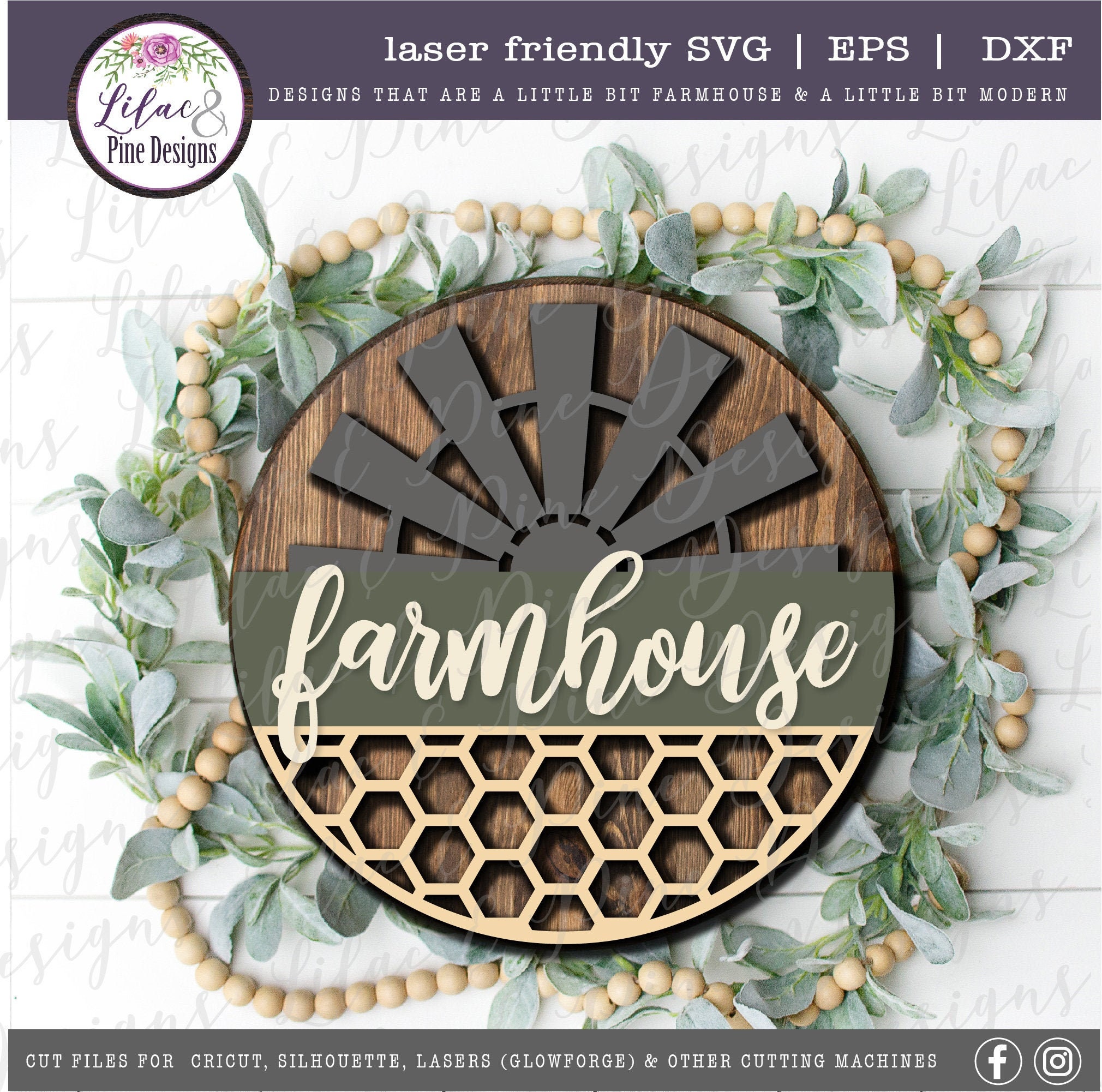 Farmhouse windmill sign, honeycomb SVG, modern farmhouse decor, round wood sign, porch decor SVG, Cricut svg, Glowforge Svg, laser cut file