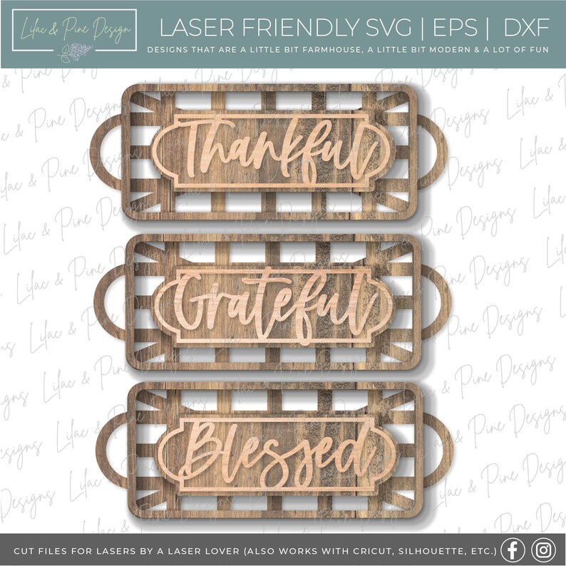 May include: Three wooden signs with a farmhouse style design. The signs are in a tray shape with a checkered pattern and have the words "Thankful", "Grateful", and "Blessed" written on them.