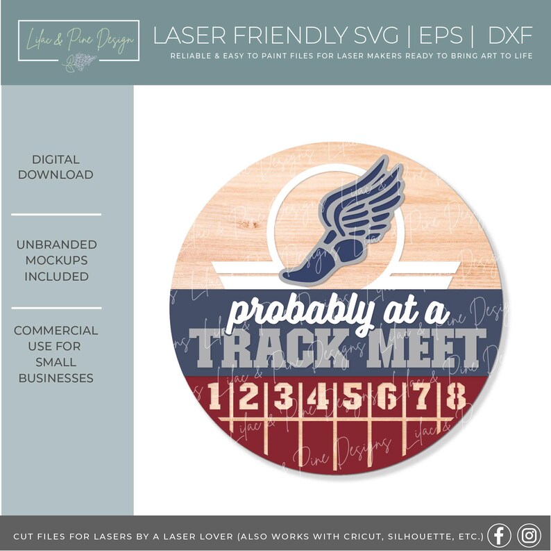 May include: A round wooden design with a track and field theme. It features a blue winged foot, the text "probably at a track meet," and numbers 1-8. The design is suitable for laser cutting and crafting.