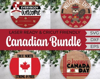 カナダSVGバンドル - カナダデーのウェルカムサインファイル - Cricutまたはレーザー用の丸型ドアハンガー - Canadian Sign Projects