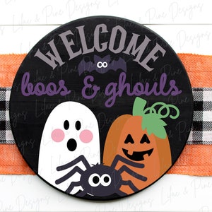 Willkommen Willkommen Buos und Ghouls SVG, Halloween Türhänger SVG, Süßer Geist Kürbis und Spinne Zeichen SVG, Glowforge svg, Laser geschnitten Datei, Cricut svg