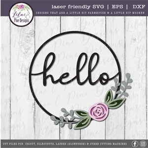 May include: A black and white digital design featuring the word "hello" in a cursive font inside a circle with a floral design around the outside. The flowers are pink, green, and gray.