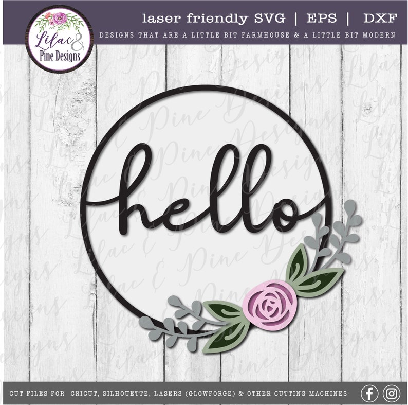 May include: A black and white digital design featuring the word "hello" in a cursive font inside a circle with a floral design around the outside. The flowers are pink, green, and gray.