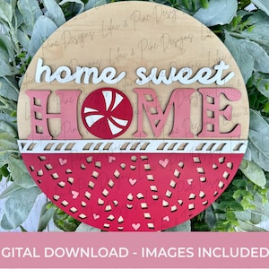 Cute Candy Cane Door Hanger SVG - Coquette Christmas Welcome Sign - Peppermint Home Sweet Holiday Home SVG - Cricut SVG - laser cut files