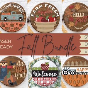 Pacote de placas de boas-vindas de outono, pacote de cabides de porta de outono SVG, maçã SVG, espantalho SVG, trator SVG, caminhão SVG, decoração de outono SVG, laser Glowforge SVG