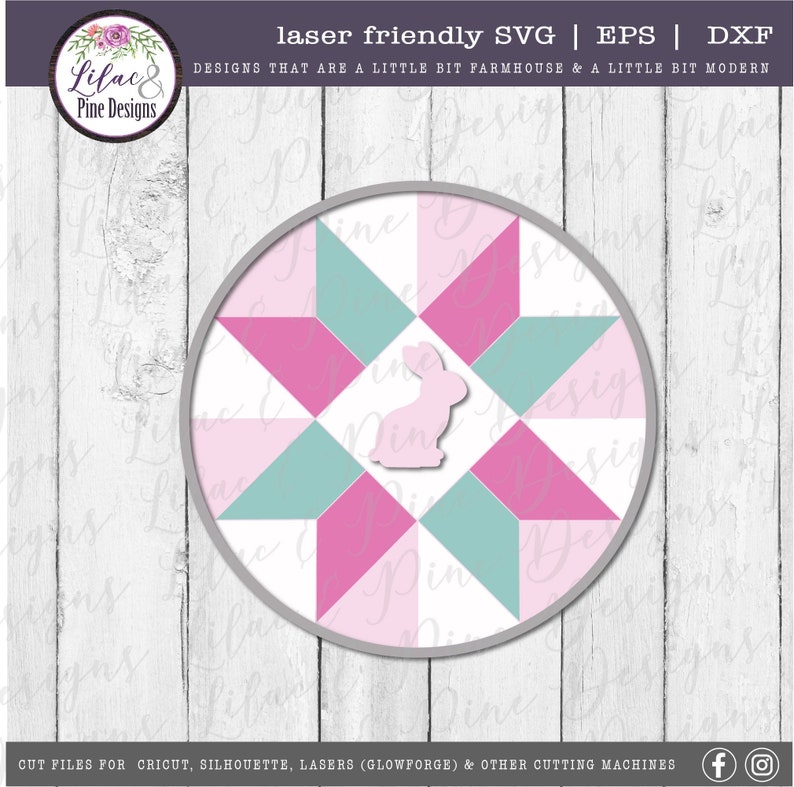 May include: A round, pink, green, and white quilt block with a bunny silhouette in the center. The quilt block is on a white wood background.