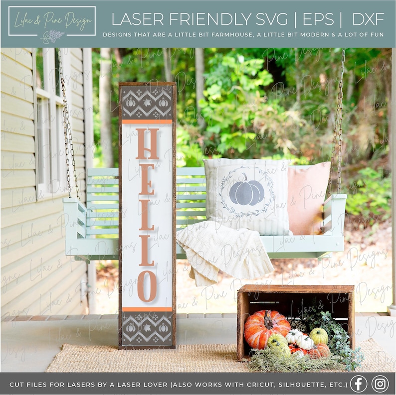 May include: A wooden sign with the word "HELLO" in orange letters on a white background. The sign has a brown border and a patterned design with pumpkins and leaves. The sign is sitting on a porch swing with a pillow that has a wreath and pumpkins on it.