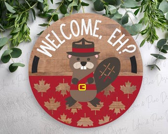 カナダのドアハンガー SVG、カナダ Eh ウェルカム サイン、カナダの装飾、ビーバー マウンティ SVG、メープル リーフ パターン、Glowforge カット ファイル、レーザー SVG ファイル