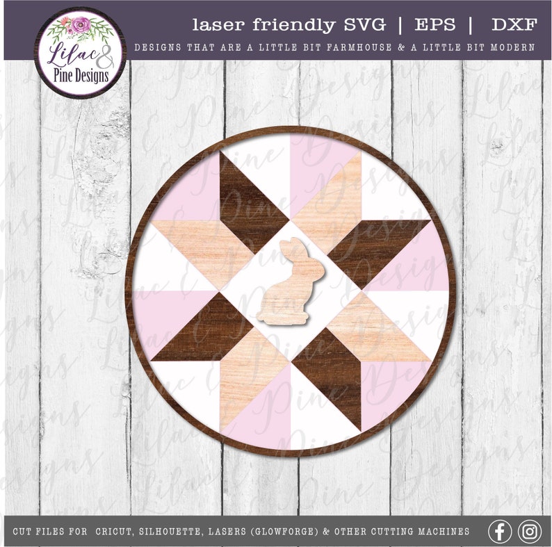 May include: A round wooden sign with a pink and white quilt pattern and a small bunny cutout in the center. The sign is perfect for Easter decor.