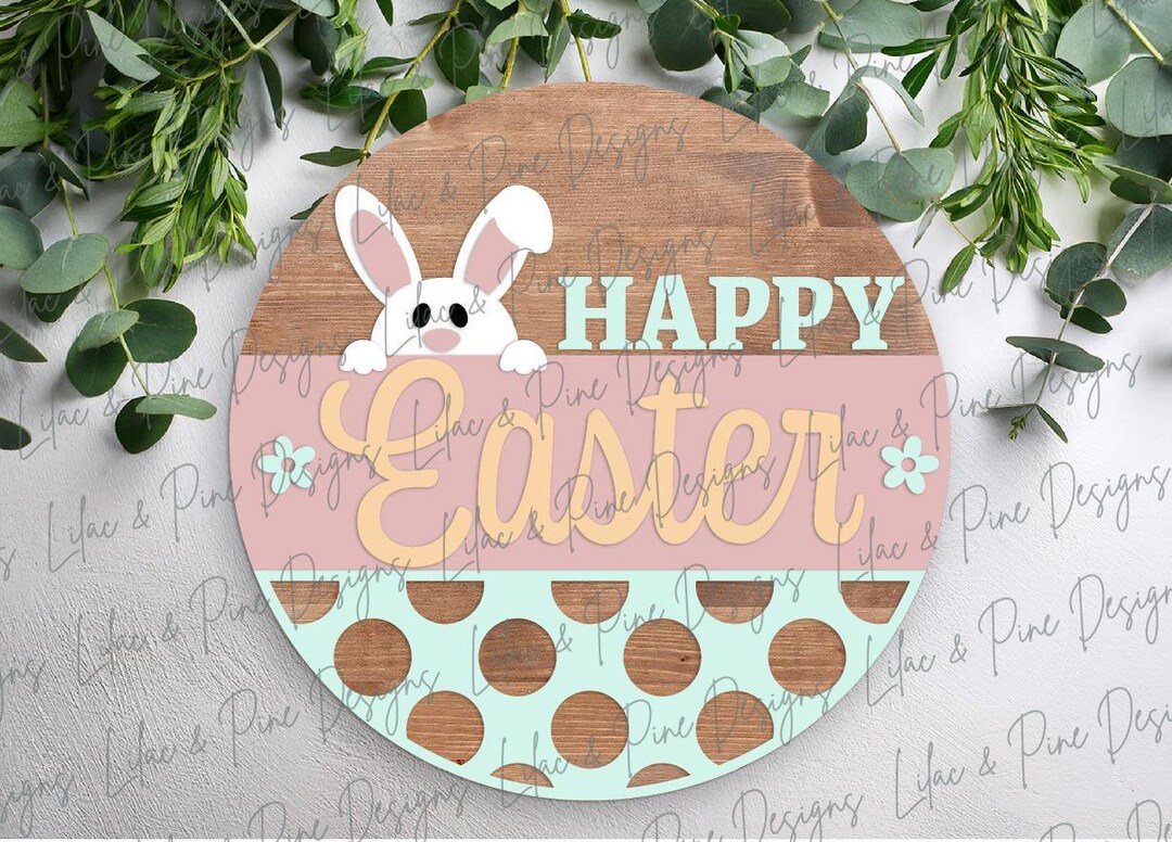 Happy Easter Round Door Hanger SVG, Easter Bunny Welcome Sign SVG ...
