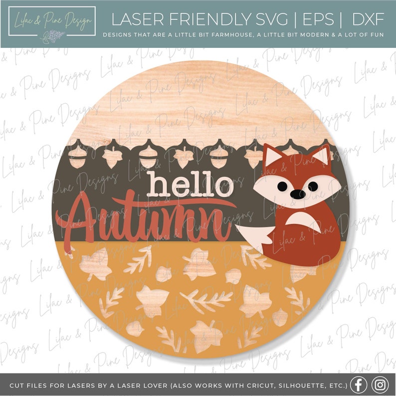 May include: A round wooden sign with a fox and the text "hello autumn" in red and orange. The background is a dark brown with a pattern of acorns and a light brown with a pattern of leaves.