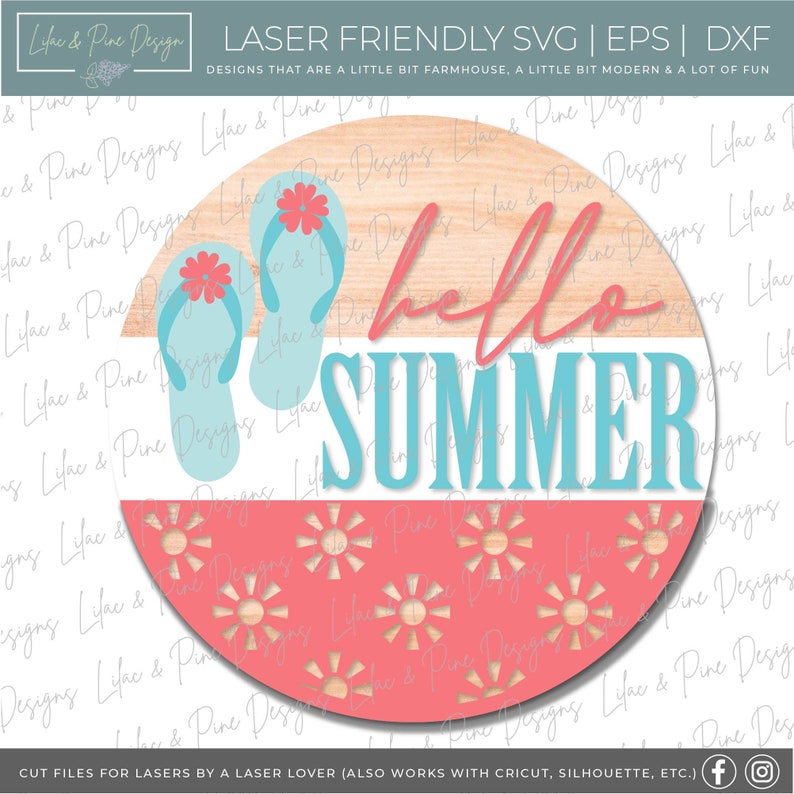 May include: A round wooden sign with the text "hello summer" in turquoise blue lettering. The sign is decorated with a red and white striped background, a turquoise blue pair of flip flops, and a pink and white floral pattern.