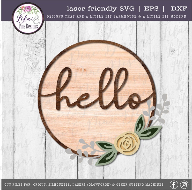 May include: A round wooden sign with the word "hello" in a brown cursive font. The sign is decorated with a yellow flower and green leaves.