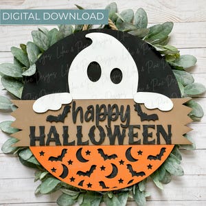 Wesołego Halloween znak SVG, Ghost welcome znak SVG, Halloween wieszak na drzwi, okrągły znak, Halloween decor SVG, Glowforge svg, plik cięty laserowo