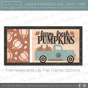 May include: A digital cut file design for a farmhouse style sign featuring a teal blue pickup truck with three pumpkins in the bed. The text "farm fresh pumpkins" is above the truck. The design is for use with a laser cutter or other cutting machines.