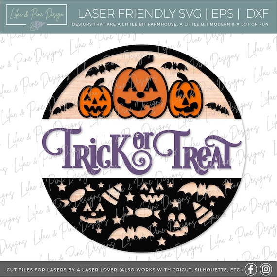 Trick or Treat door hanger SVG, Pumpkin welcome sign, spooky Halloween decor, Jack o Lantern svg, laser cut file, Glowforge SVG, Cricut SVG