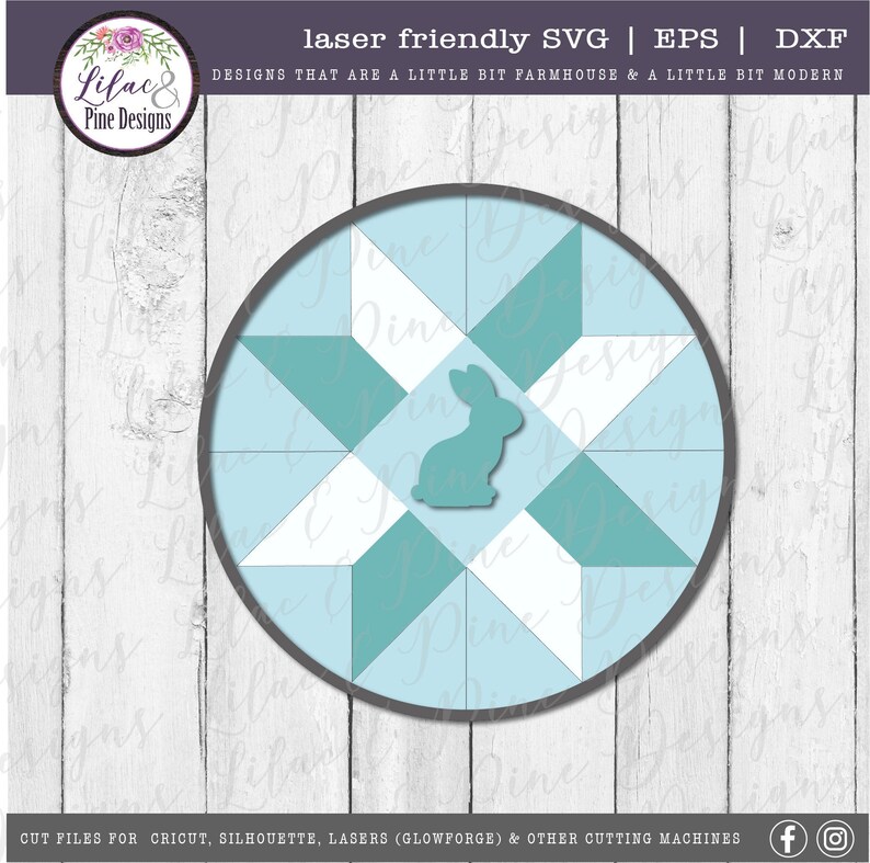 May include: A round, blue and white quilt block with a bunny silhouette in the center. The quilt block is perfect for a farmhouse or modern decor.