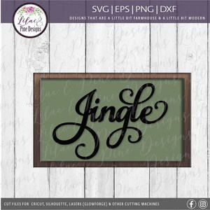 May include: A wooden frame with a green background and the word "Jingle" written in black cursive script.