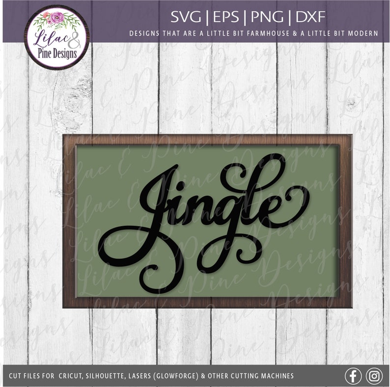 May include: A wooden frame with a green background and the word "Jingle" written in black cursive script.