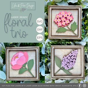 Paquete de letreros florales SVG, letrero de hortensia, peonía SVG, decoración lila, Glowforge SVG, flores de verano, archivo cortado con láser, letrero cuadrado, descarga digital