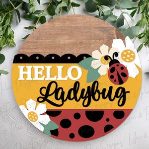 hello ladybug door hanger SVG, summer welcome sign SVG, garden round sign, ladybug and daisy sign, Glowforge Svg, laser cut file, Cricut SVG