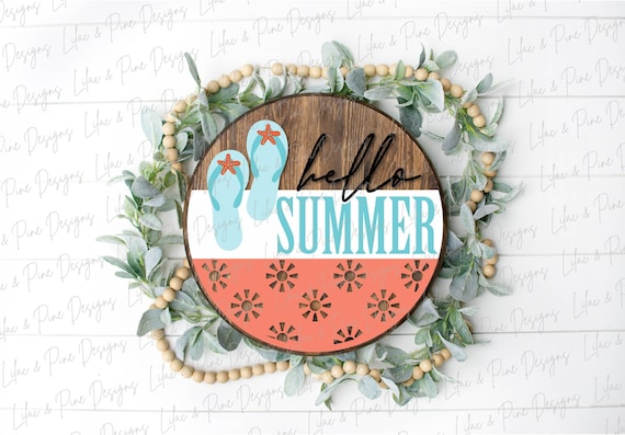 Hello Summer flip flop round sign, summer door decor SVG, sunshine SVG, summer porch decor svg, beach SVG, Glowforge Svg, laser cut file