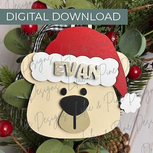 Enfeite de árvore de Natal SVG, enfeite de nome de urso polar, Papai Noel SVG, kit de enfeite svg, enfeite fofo para crianças, Glowforge SVG, arquivo de corte a laser