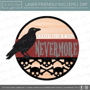 May include: A round wooden sign featuring a black raven, red and white text that reads "Quoth the Raven Nevermore", and a black and white skull and crossbones design.