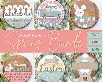 Easter sign bundle SVG, Easter Bunny door hanger, cottage core Easter, happy Easter SVG, Easter wall decor, Glowforge SVG, laser cut file