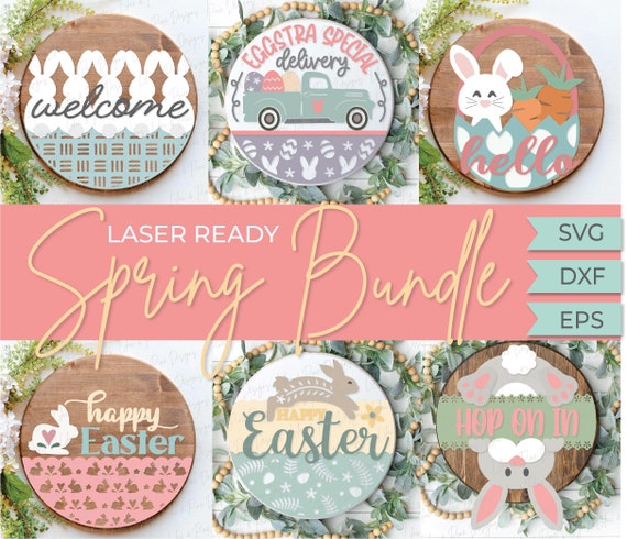 Easter sign bundle SVG, Easter Bunny door hanger, cottage core Easter, happy Easter SVG, Easter wall decor, Glowforge SVG, laser cut file