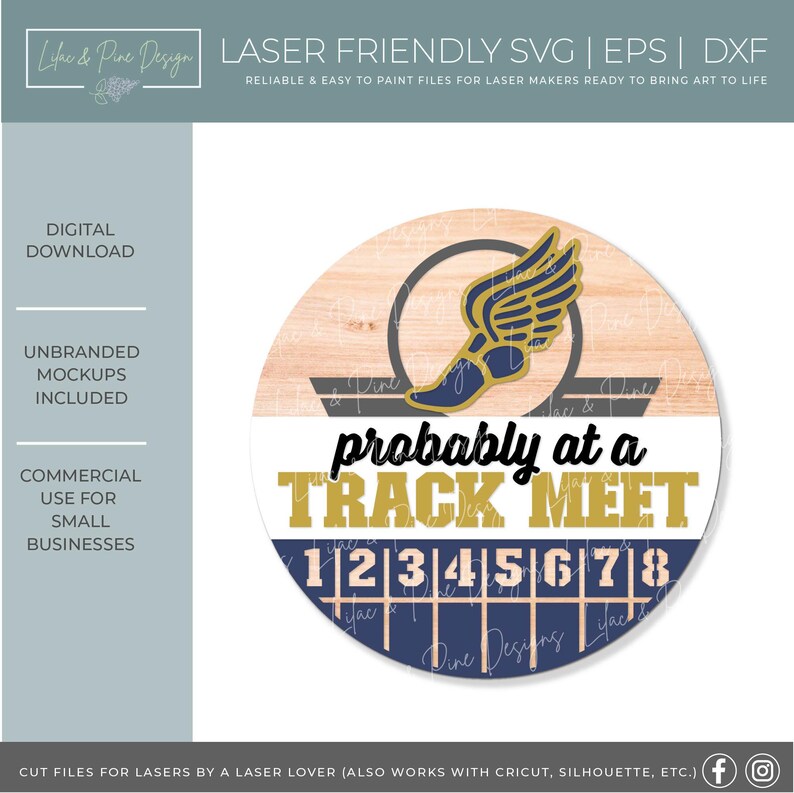 May include: A round wooden design with a track and field theme. The design features a winged foot, the text "probably at a TRACK MEET", and numbers 1-8. The design is suitable for laser cutting.