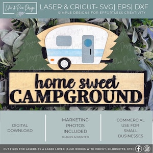 home sweet campground SVG, camper sign SVG, campsite welcome sign svg, retro camper svg, Glowforge SVG, laser cut file, digital download