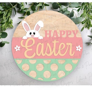 Letrero redondo de conejito de Pascua feliz SVG, puerta de Pascua redonda SVG, conejito svg, primavera SVG, decoración de Pascua de granja, Glowforge Svg, archivo cortado con láser
