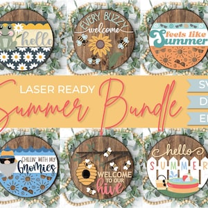 Zomer welkomstbord bundel, hallo zomer deurhanger SVG, bijen SVG, bijenkorf svg, zwembad svg, kabouter svg, kikker svg, Glowforge SVG, lasergesneden bestand