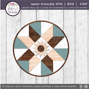 K&ouml;nnte beinhalten: Ein rundes Holzschild mit einem geometrischen Muster in Braun-, Beige- und Blaut&ouml;nen. Die Mitte des Schildes zeigt ein stilisiertes Sonnenblumenmuster.