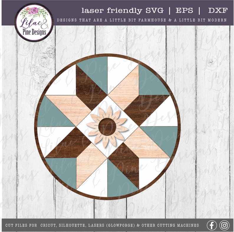 K&ouml;nnte beinhalten: Ein rundes Holzschild mit einem geometrischen Muster in Braun-, Beige- und Blaut&ouml;nen. Die Mitte des Schildes zeigt ein stilisiertes Sonnenblumenmuster.