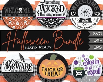 Halloween welcome sign bundle, Spooky door hanger SVG, foolish mortals svg, trick or treat SVG, witching hour, Glowforge SVG, laser cut file