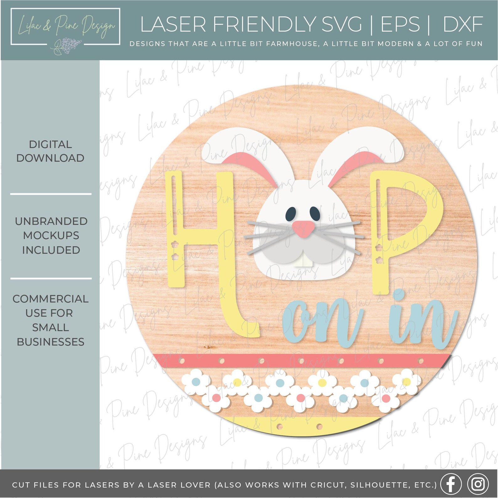 Hop on in Sign SVG, Easter Bunny Door Hanger, Rabbit Welcome SVG, Cute ...