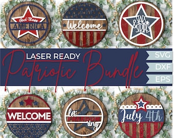 Patriotic Welcome door hanger bundle, 4th of July porch decor SVG, Independence Day sign bundle SVG, Glowforge files, laser cut file