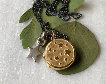 Gold & Silver Star Charm Locket Pendant Necklace