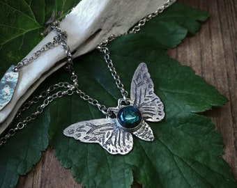 Sterling Silver Etched Lunar Moth Labradorite Gemstone Pendant Necklace