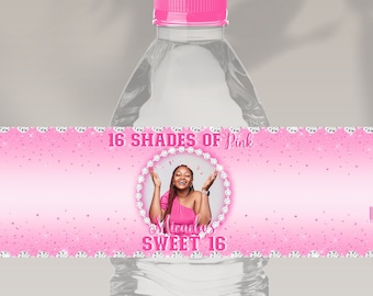 May include: Pink and white water bottle label with a photo of a girl in a pink dress and the text "16 Shades of Pink" and "Sweet 16".