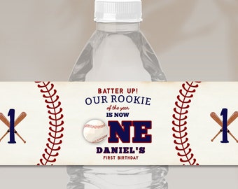 Editable Baseball First Birthday Water Bottle Label Rookie Year Baseball Sports Ball Birthday Water Bottle Label Add Photo Instant Download