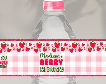 Etichette per bottiglie d'acqua per il primo compleanno di Berry Etichette per bottiglie d'acqua per il primo compleanno di Berry Bomboniere per feste fragola rosa rossa modificabili FD01