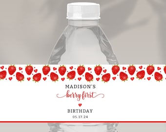 Editable Berry First Birthday Water Bottle Labels Berry 1st Birthday Water Bottle Labels Strawberry Party Favors Editable Template