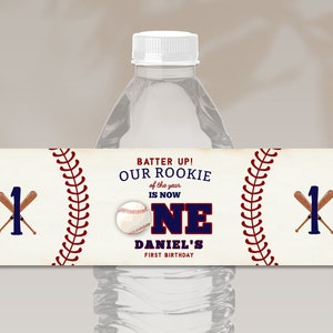 Editable Baseball First Birthday Water Bottle Label Rookie Year Baseball Sports Ball Birthday Water Bottle Label Add Photo Instant Download
