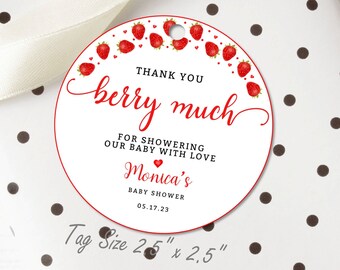 Edytowalny etykieta na baby shower z truskawkami dla dziewczynki Dziękuję jagoda Dużo jagód Etykieta na upominek z jagodami Słodki prezent na baby shower Etykieta na prezent w kolorze czerwonym